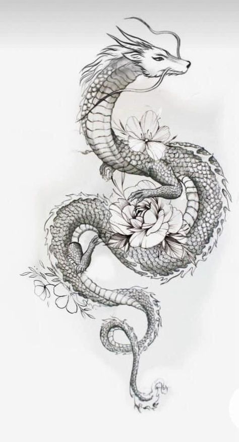 Dragon Flower Tattoo Design, Dragon Flower Tattoo, Dragon Tattoos Designs, Dragon Tattoo Stencil, Women's Tattoos, Dragon Flower, Small Dragon Tattoos, Dragon Tattoo Art, Chinese Dragon Tattoos