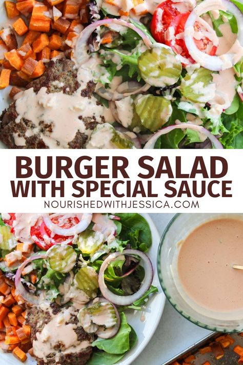 Transform your favorite burger into a healthy salad bowl with this easy recipe! This Burger Salad with Special Sauce combines juicy ground beef, sweet potatoes, red onion, tomatoes, and pickles into a flavorful bowl. The creamy homemade special sauce brings it all together, making it perfect for a low-carb, gluten-free, and dairy-free meal. Great for lunch, dinner, or meal prep, this salad is a simple way to enjoy burger flavors in a fresh, nutritious way! Healthy Burger Salad, Easy Dairy Free Lunch Ideas For Work, Burger Sauce Healthy, Burger Salad Bowl, Burger Flavors, Hamburger Salad, Lettuce Burgers, Burger Bowls, Healthy Fries