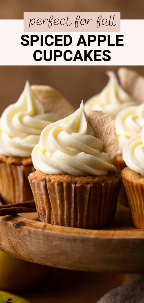 These spiced apple cupcakes taste like Fall in a bite! They're moist and flavored with warm spices like cinnamon, nutmeg, and ginger. Studded with fresh chopped apples and topped with cream cheese frosting, these cupcakes make the perfect, cozy Fall dessert. Fall Apple Cupcakes, Apple Spice Cupcakes, Caramel Buttercream Frosting, Cinnamon Cupcakes, Baked Apple Recipes, Apple Cupcakes, Fall Baking Recipes, Fall Cupcakes, Apple Recipes Easy