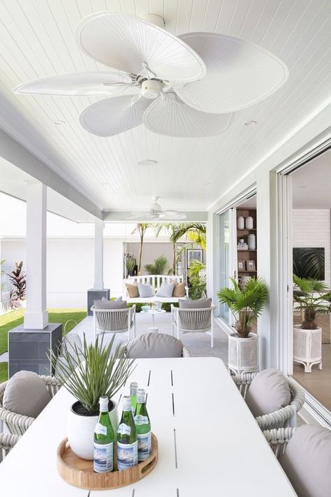 See how to create a classic outdoor room over on the blog. Alfresco Ceiling Fan, Vj Ceiling Outdoor, Modern Coastal Alfresco, Hampton Style Outdoor Areas, Coastal Alfresco Outdoor Living, Hamptons Deck Outdoor, Vj Panelling Outdoor Area, Outdoor Living And Dining Patio, Hamptons Alfresco Area