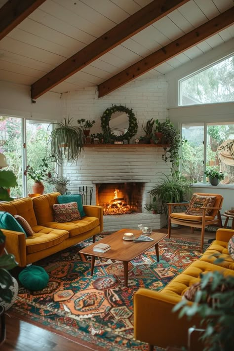 Interior Design Modern Boho, Century Home Living Room, Living Room Mid Century Modern Bohemian, Bohemian Midcentury Modern, Mcm Living Room Persian Rug, Mid Century New Build, Boho Great Room Ideas, Modern Mid Century Design, Colorful Living Room With Fireplace