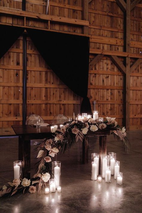 Bridal Table With Candles, Pillar Candles Head Table Wedding, Farm Table Sweetheart Table Wedding, Candle Arch Wedding, Sweetheart Table Wedding With Candles, Bridal Table Candles, Pillar Candles Sweetheart Table, Head Table Candle Decor, Candle Lit Sweetheart Table