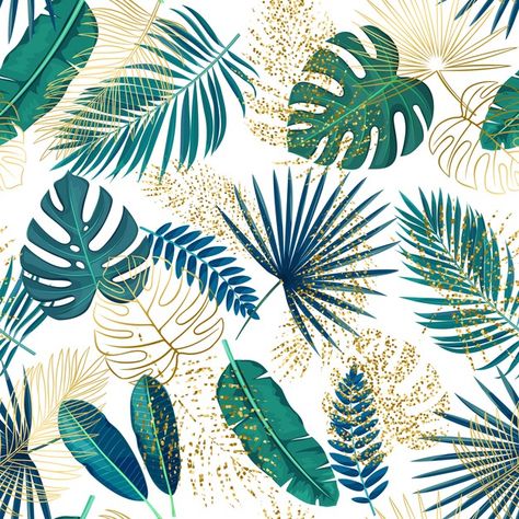 Hojas tropicales verdes y doradas de pat... | Premium Vector #Freepik #vector #patron #boda #adorno #hojas Tropical Leaf Illustration, Palm Leaves Background, Tropical Plant Background, Seamless Tropical Pattern, Leaves Seamless Pattern, Tropical Flowers, Floral Wallpaper, Background Design, Premium Vector