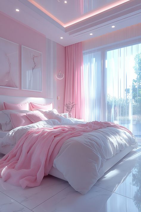 Create a luxurious and inviting white and pink master bedroom. Explore crisp white bedding, blush pink accent walls, and delicate floral patterns for a sophisticated touch.  Combine white furniture with pink cushions, rose gold metallic accents, and romantic artwork for a touch of elegance. Discover the perfect balance of fresh white and gentle pink hues to create a dreamy oasis. Pink Girly Aesthetic Room, Pink Dorm Rooms Ideas, Bed Pink Aesthetic, Pink And White Apartment, Pink Luxury Bedroom, Pink Bedding Aesthetic, All Pink Bedroom, Cute Pink Room Ideas, Pink And White Room Aesthetic