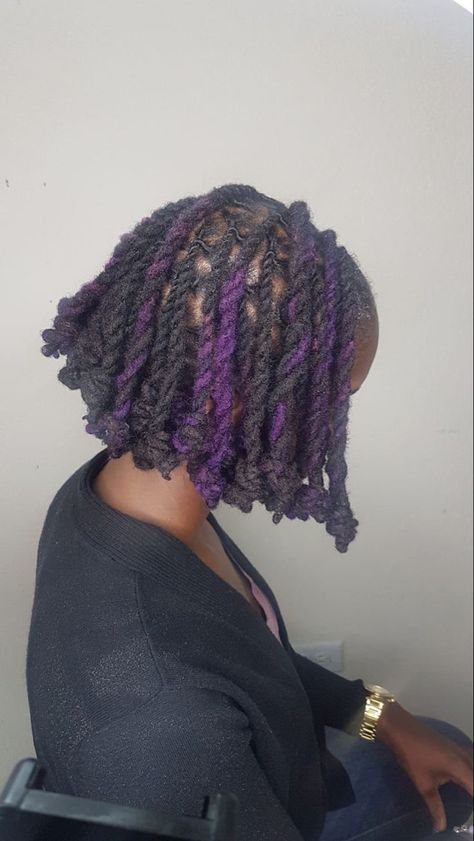 Purple Dyed Locs Black Women, Purple Locs Black Women Natural Hair, Purple Dreadlocks Men, Loc Dye Ideas Purple, Purple Invisible Locs, No Retwist Loc Styles Medium, Black And Purple Locs, Short Loc Bob, Loc Bob Styles