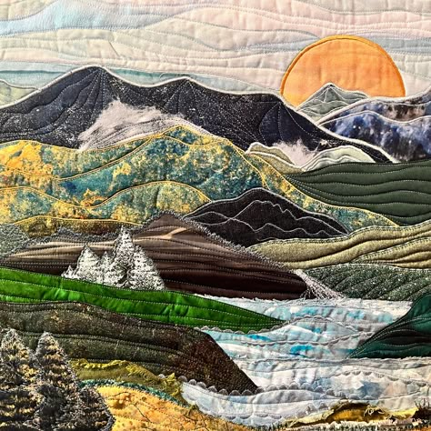 Mountain Quilt Block, Lake Landscape Art, Quilt Landscape, Contemporary Art Quilt, Landscape Quilting, Wall Hanging Quilt, Landscape Art Quilts, Mountain Quilts, Mountain Waterfall