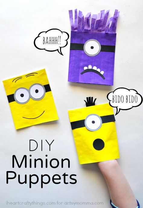 DIY Minion Puppets for Kids made with an Envelope. Great kids craft for pretend play and to go along with the new Minions movie. Minion Diy, Homemade Puppets, Minion Craft, Diy Minions, Movie Crafts, Patriotic Diy, Puppets For Kids, Paper Bag Crafts, Animal Crafts For Kids