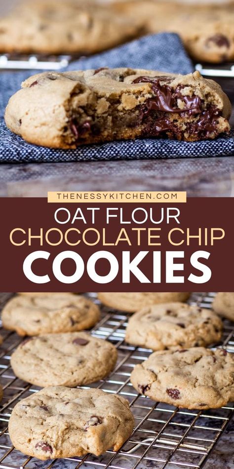 A delicious dessert recipe for oat flour cookies! With soft and chewy centers plus lightly crisp edges, these simple oat flour chocolate chip cookies are the BEST. Indulge in this sweet food today! Cookie Recipes With Oats, Chickpea Cookies Chocolate Chip, Oat Flour Chocolate Chip Cookies, Oat Flour Cookies, Oat Flour Recipes, Oat Recipes, Gf Food, Gf Baking, Clean Eating Desserts