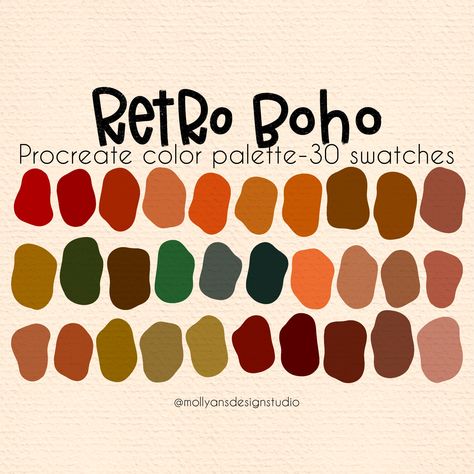 The Retro Boho Procreate Color Palette! Procreate color palettes are a perfect way to keep cohesive colors organized right at your finger tips while using the Procreate app.  This is a handpicked color palette made up of my favorite colors for you to enjoy! After you purchase, you'll download the file from Safari NOT the Etsy app. Once the files are downloaded and you open the file, the palette will automatically import into Procreate! You will find this palette ready to go in your Procreate pal Earthy Retro Color Palette, 70s Colors Palette, American Traditional Color Palette, Goblin Color Palette, 90s Color Palette Grunge, Retro Western Color Palette, Retro Boho Color Palette, Boho Retro Aesthetic, Boho Colors Palette