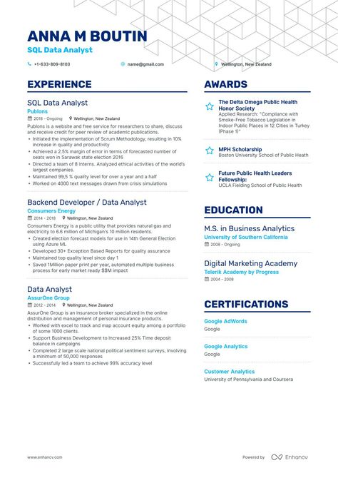 The ultimate 2019 guide for crafting the perfect SQL Data Analyst resume, including 3 SQL Data Analyst resume samples. Trusted by 500K+ users, create your FREE resume on Enhancv. Data Analytics Resume, Data Analyst Resume, Career Change Cover Letter, Resume Tips No Experience, Cv Example, Analyst Resume, Business Analyst Resume, Job Resume Samples, Resume Ideas