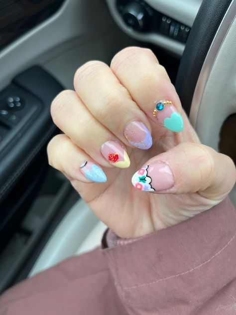 Disney Princess Gel Nails Disney Princess Nails Easy, Castle Nails Disney, Disney Princess French Tip Nails, Bell Nails Princess, Different Disney Character Nails, Disney Princess Nails Simple, Disney Castle Nails Design, Disney Princess Acrylic Nails, Disney Character Nails Easy