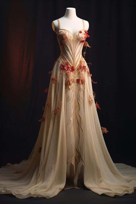 Spider Lily inspired gown Fantasy Gown Aesthetic, Wedding Dresses With Orange Accents, Dnd Ball Gown, Fantasy Dresses Aesthetic, Spider Lily Dress, Spring Court Dress, Fantasy Flower Dress, Mystical Dresses Fairytale, Fantasy Dress Aesthetic