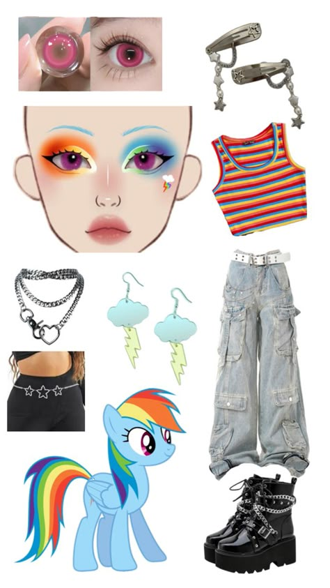 Mlp Halloween Costumes, Rainbow Dash Outfit Ideas, Rainbow Dash Inspired Outfits, My Little Pony Halloween Costume, Dti Outfits Theme Mlp, Rainbow Dash Halloween Costume, Rainbow Dash Cosplay Tiktok, Mlp Cosplay Rainbow Dash, Rainbow Dash’s Wardrobe