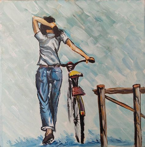 Girl On Bicycle Girls With Cameras, Bicycle Painting, Girls On Bike, Oil Pastel Paintings, Bicycle Art, Bicycle Girl, Painting Of Girl, Bike Art, People Illustration