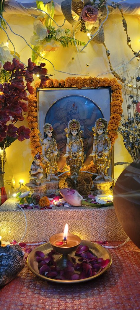 Ram Pooja At Home, Pooja Snapchat Stories, Hawan Pooja Snaps, Pooja Snap, Pooja Aesthetic, Mandir Snap, Diwali Lights Decoration House, Temple Images, Janmashtami Wishes