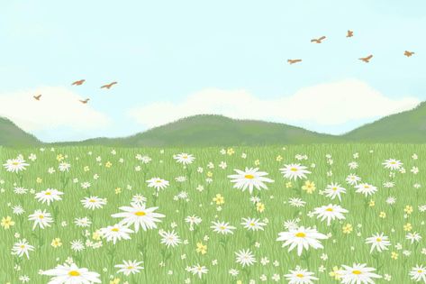 Daisy Wallpaper Desktop, Anime Field Background, Green Laptop Background, Green Desktop Background, Green Background Laptop, Aesthetic Background Landscape, Cute Computer Backgrounds, Mountain Banner, Flores Wallpaper