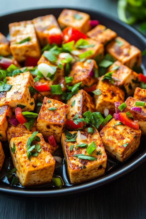 Grilled tofu cubes garnished with chopped green herbs and red bell peppers on a black plate. Tufo Recipe, Easy Tofu Recipes, Tofu Lasagna, Tofu Lettuce Wraps, Easy Tofu, Crispy Baked Tofu, Tofu Recipes Easy, Tofu Steak, Homemade Tofu