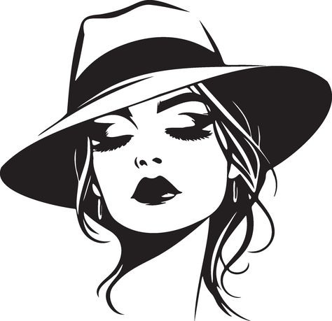 Trendy Woman Wearing Hat Illustration. Women In Hats Paintings, Woman With Hat Painting, Border Embroidery Designs Patterns, Silhouette Images Free, Abstract Embroidery Designs, Christmas Tshirt Designs, Woman Wearing Hat, Pop Art Marilyn, Women Vector