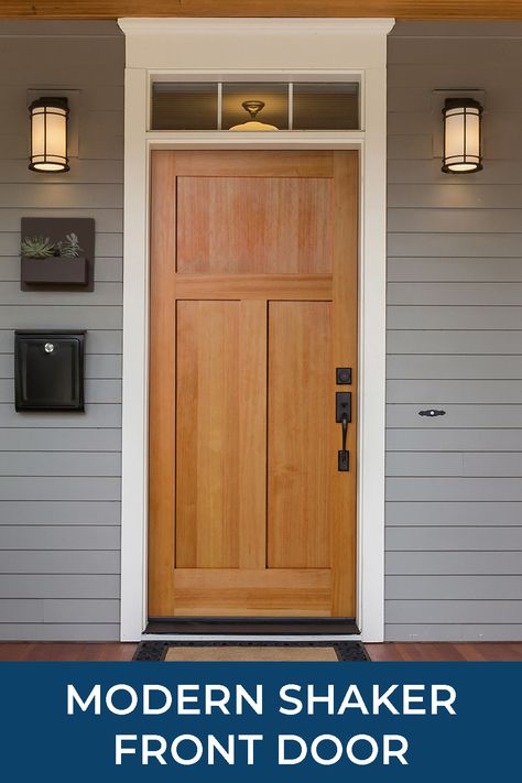 Cedar Front Door Farmhouse, Light Wood Front Door Modern, Wood Front Door No Windows, Solid Wood Front Door No Windows, Shaker Style Exterior Door, Exterior Shaker Doors, Craftsman Entryway Exterior, Shaker Style Front Door, Front Door Refresh