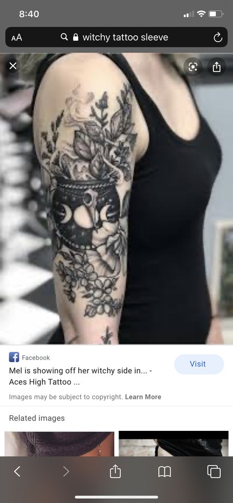 Wiccan Sleeve Tattoos, Halloween Witch Tattoo, Half Sleeve Witch Tattoo, Witchy Tattoo Cover Up Ideas, Sleeve Tattoos Witchy, Witch Tattoo Thigh, Pagan Sleeve Tattoos For Women, Earth Witch Tattoo, Witchy Arm Sleeve Tattoo