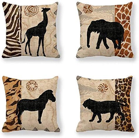 Set of 4,African Animals,Giraffe,Elephant,Horse,Leopard with Zebra Pattern & Leopard Pattern Decorative Throw Pillow ... Animal Print Throw Pillows, Animal Print Pillows, Animal Throw Pillows, Washable Sofa, Printed Cushion Covers, 16x16 Pillow Cover, Styl Boho, African Animals, Linen Pillow Cases