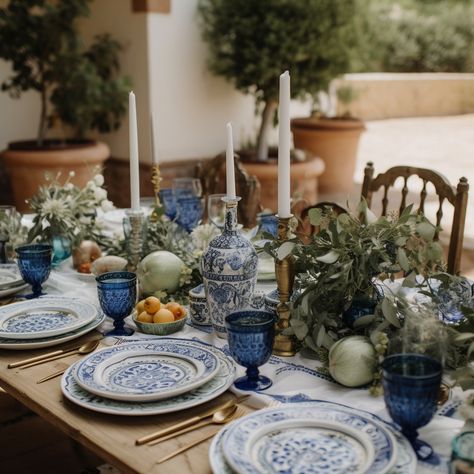 Mediterranean wedding - A wedding with decor inspired by the Mediterranean region, like olive branches, bright blue accents, and al fresco dining Blue And White Italian Tablescape, Blue And White Italian Dinner Party, Mediterranean Style Wedding Decor, Mediterranean Plates Decor, Blue Tuscan Wedding, Rustic Mediterranean Wedding, Greek Inspired Wedding Decoration, Wedding Mediterranean Food, Medditeranean Style Wedding