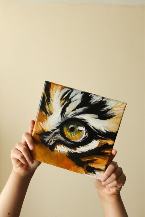 Tiger Eyes Paintings, Wild Animal Paintings Acrylic, Tiger Painting Acrylic Canvases, Animal Eye Painting, Vibrant Acrylic Painting, Painting Ideas On Canvas Animals, Tiger Eye Painting, Animal Paintings Easy, Acrylic Animal Paintings