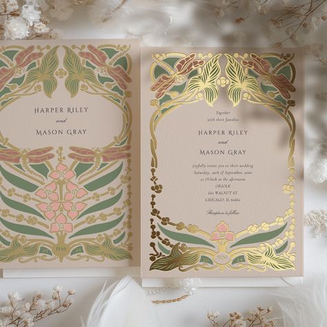 Embrace the charm of the bygone era with our Soft Pastel Art Nouveau Dragonfly Wedding Invitation, featuring an elegant palette that includes blush pink, sage green, and gold foil accents set against a creamy background. The front of the invitation is adorned with a pair of symmetrical dragonflies whose wings are delicately detailed, paired with organic botanical motifs that gracefully frame the couple's initials. A subtle nod to the year is artfully incorporated into the design, marking the sta Dragonfly Invitations, Wedding Invitation Sage Green, Cream Wedding Theme, Dragonfly Wedding, Art Nouveau Wedding Invitation, Cream Wedding Invitations, Art Nouveau Wedding, Blush Pink Wedding Invitations, Creamy Background