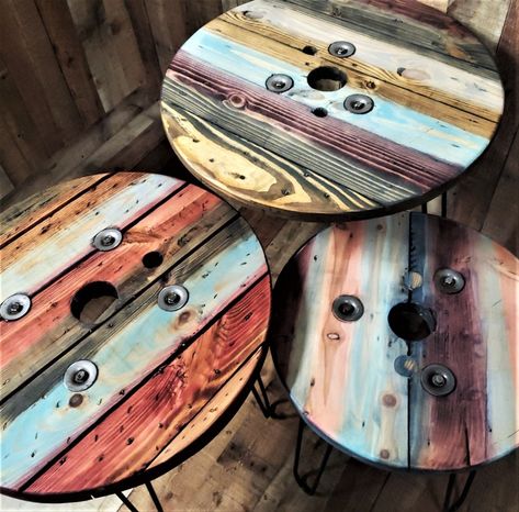 Farmhouse Wood Spool Tables 20 to 36 Hairpin & Pipe | Etsy Outdoor Wooden Table, Wood Spool Tables, Wire Spool Tables, Wire Spools, Cable Spool Tables, Wooden Spool Tables, Wooden Spool Projects, Spool Ideas, Spool Table