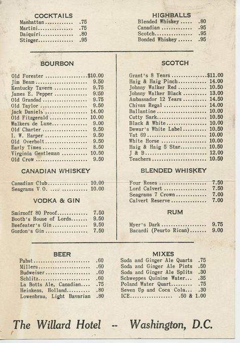 A menu for bottle liquors room service at the Willard Hotel. (back) Liquor Menu Design, Whiskey Menu Design, Vintage Menu Design, Drinks Menu Design, Menu Design Ideas Templates, Hotel Room Service, Drink Menu Design, Hotel Menu, Menu Design Inspiration