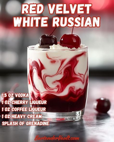 Red Stag Cocktails, White Chocolate Raspberry Russian Drink, Cherry Chocolate White Russian, Cherry White Russian, Red Cocktail Drinks Vodka, White Chocolate Raspberry Russian, Alcohol Recipes With Vodka, 3 Ingredients Cocktails, Winter White Russian