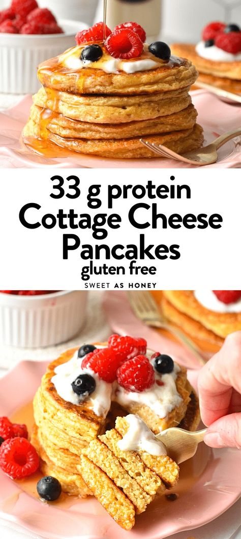 These Cottage Cheese Protein Pancakes are delicious healthy protein pancakes packed with 33g of protein per breakfast. High Protein Cottage Cheese Pancakes, Quest Protein Pancakes, Oatmeal Cottage Cheese Pancakes, Cottage Cheese Protein Pancakes, Cottage Cheese Protein, Healthy Protein Pancakes, Protein Powder Pancakes, Almond Milk Cheese, High Protein Pancakes