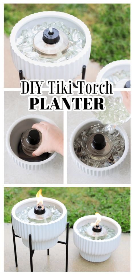 Create ambiance at summer BBQs with a DIY tiki torch planter. Use on a table or place in a plant stand. Easy to make and burns bright! Table Garden Ideas, Deck Table Decor Ideas, Patio Tiki Torch Ideas, Diy Tiki Torches, Backyard Torches, Outdoor Citronella Ideas, Tiki Torch Planter Ideas, Homemade Tiki Torches, Outdoor Tiki Torch Ideas