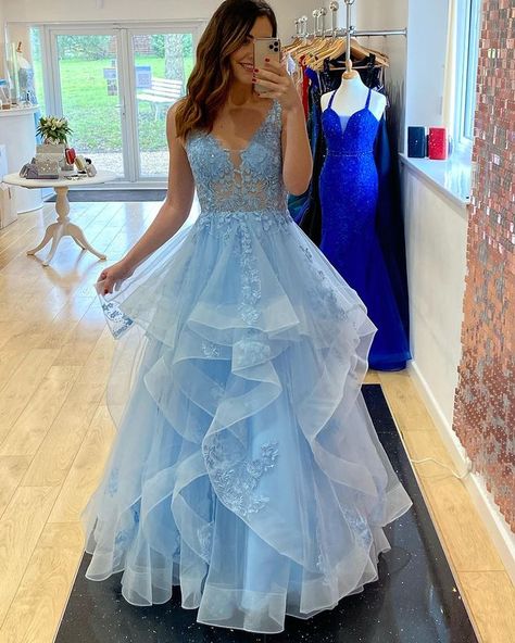 Blue Lace Prom Dress, Lace Long Prom Dress, Prom Dress Blue, Blue Evening Dress, Dress Layered, Lace Formal Dress, Blue Evening Dresses, Tulle Prom Dress, Prom Dresses Lace