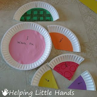 Fractions from paper plates.  Glue construction paper or scrapbook paper to plate and cut (partition) into fractions.  Easy to identify equal parts of the whole. Teaching Fractions, Math Fractions, Pi Day, Homeschool Math, First Grade Math, 1st Grade Math, 3rd Grade Math, Preschool Math, 2nd Grade Math