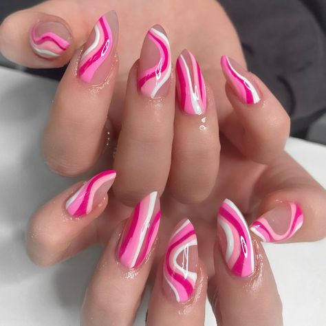 Swirly Acrylic Nails, Pink Swirly Nails, Swirly Nail Designs, Swirly Nails, Mix Match Nails, Valentines Day Nails, Formal Nails, Ombre Acrylic Nails, Summer Acrylic Nails