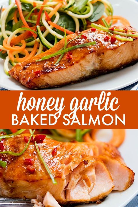 Honey Garlic Baked Salmon - One of the easiest and tastiest salmon recipes you'll ever make! Just 15 minutes in the oven and you have a delicious, healthy meal. Garlic Baked Salmon, Honey Marinade, Salmon Honey, Salmon Cake, Garlic Baked, Salmon Recipes Baked Healthy, Delicious Salmon Recipes, Salmon Marinade, Garlic Honey