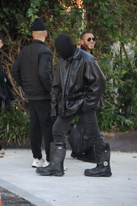 Kanye West Black Outfit, Godly Aesthetic, Diamond Boots, Balenciaga Aesthetic, Black Balaclava, Irish Setter Boots, Kanye West Outfits, Balaclava Mask, Yeezy Outfit