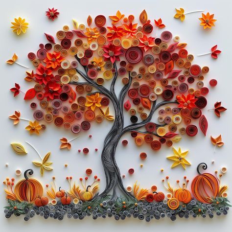 Title: Digital Autumn Pumpkin Tree Quilling Art (2) "Experience the fusion of AI and creative prompts, transforming visuals into masterpieces." Indulge in the mesmerizing beauty of autumn with this enchanting Autumn Pumpkin Tree Quilling Art Print (2). This artwork captures the essence of the season in a burst of color and detail. Each intricate coil and subtle curve is meticulously designed to evoke the vibrant colors of autumn foliage in this digital artwork.  This digital file offers the perf Quilling Autumn Leaves, Autumn Quilling Ideas, Autumn Crafts For Adults, Autumn Tree Craft, Quilled Tree, Pumpkin Tree, Creative Prompts, Paper Quilling For Beginners, Quilling Work