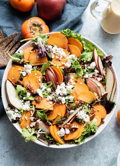 Pear Persimmon Salad with Maple Apple Cider Vinaigrette College Breakfast, Persimmon Salad, Apple Cider Vinaigrette, Salad Dressing Bottles, Persimmon Recipes, Cider Vinaigrette, Pineapple And Coconut, Yummy Salads, Simple Vinaigrette