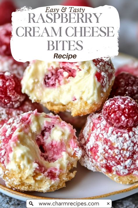 Delicious Raspberry Cream Cheese Bites Savory Treats Snacks, Irresistible Cream And Berry-filled Pastry Balls, Raspberry Cream Dessert, Raspberry Bar Cookies Recipes, Best Desserts For Parties, Desserts With Cheese, Baking Recipes Raspberry, Yum Yums Recipe Sweet Treats, Raspberry Sour Cream Pie