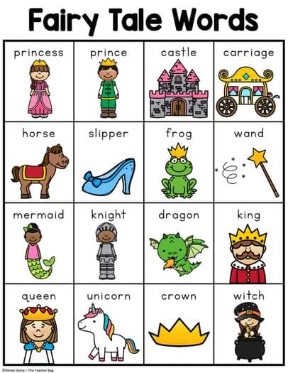 Fairy Tale Words - Writing Center Word Lists by Renee Dooly | TPT Fairytale Theme Preschool Activities, Fairytale Unit Kindergarten, Fairy Tale Curriculum, Fairy Tale Doodles, Fairy Tale Activities For Toddlers, Fairytale Kindergarten Activities, Fairy Tale Activities For Kids, Fairytale Week Preschool, Preschool Fairy Tale Activities