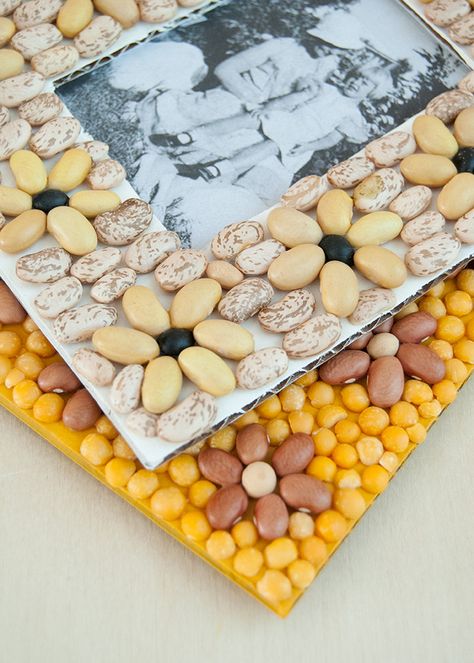 Bean Mosaic Frames | Handmade Charlotte Seed Crafts For Kids, Bean Mosaic, Easy Summer Crafts, Seed Craft, Mosaic Frames, Bean Art, Seed Art, White Candle Sticks, Diy Summer Crafts