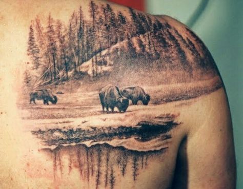 Buffalo Chest Tattoo, Bison Sleeve Tattoo, Buffalo Sleeve Tattoo, Yellowstone Mountain Tattoo, Men Western Tattoo Ideas, Western Scene Tattoo, Yellowstone Tattoo Ideas, Buffalo Tattoo Feminine, Water Buffalo Tattoo