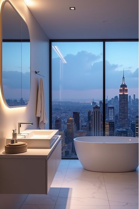 Contemporary bathroom with white vanity and city skyline view at twilight Urban Bathroom, Smart Mirror, Hidden Compartments, White Vanity, Floating Vanity, Modern Vanity, Modern Bathroom Vanity, Smart Storage, City Living