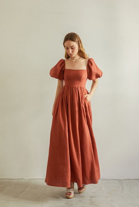 adoriathreads - Etsy Taiwan Maxi Linen Dress, Cottage Core Dress, Long Linen Dress, Linen Clothing, Dress Linen, Linen Maxi Dress, Puffed Sleeves Dress, Linen Clothes, Dress Summer