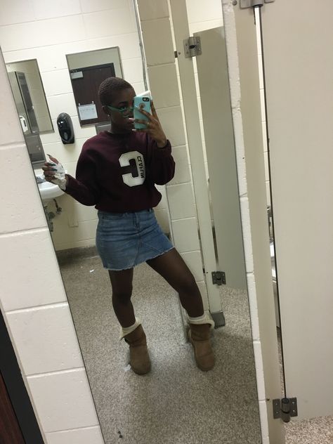 school sweater, jean skirt, uggs outfit, black girl Denim Skirt With Uggs, Skirt With Uggs Outfit, Black Uggs Outfit, Cute School Outfits, Outfit With Uggs, Ugg Boots Outfit, Engagement Photo Outfits Fall, School Sweater, Cute Skirt Outfits