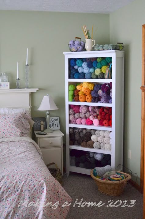 Making A Home: my yarn storage solution. Yarn as art. My personal version of heaven. Yarn Storage Solutions, Knitting Room, Balls Of Yarn, Yarn Organization, Dream Craft Room, Yarn Storage, Yarn Stash, Craft Room Storage, Craft Room Office