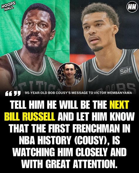 NBA legend Bob Cousy, who is currently 95-years-old and former a teammate of the late-great Bill Russell, had a message of very high praise for Victor Wembanyama: “Tell him he will be the next Bill Russell and let him know that the first Frenchman in NBA history (Cousy), is watching him closely and with great attention.” LEGENDARY 🤯 (MaximeAubin1/X, Wembymuse/X) Bob Cousy, Victor Wembanyama, Nba History, Bill Russell, Tim Duncan, Nba Legends, Nba, The One, The First