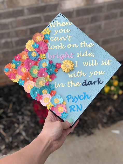 School Counseling Graduation Cap Ideas, Mft Graduation Cap Ideas, Psych Nurse Quotes, Psych Nurse Grad Cap, Graduation Cap Designs Msw, Counselor Graduation Party, Social Work Grad Cap Ideas, Pmhnp Graduation Cap, Psych Cap Graduation